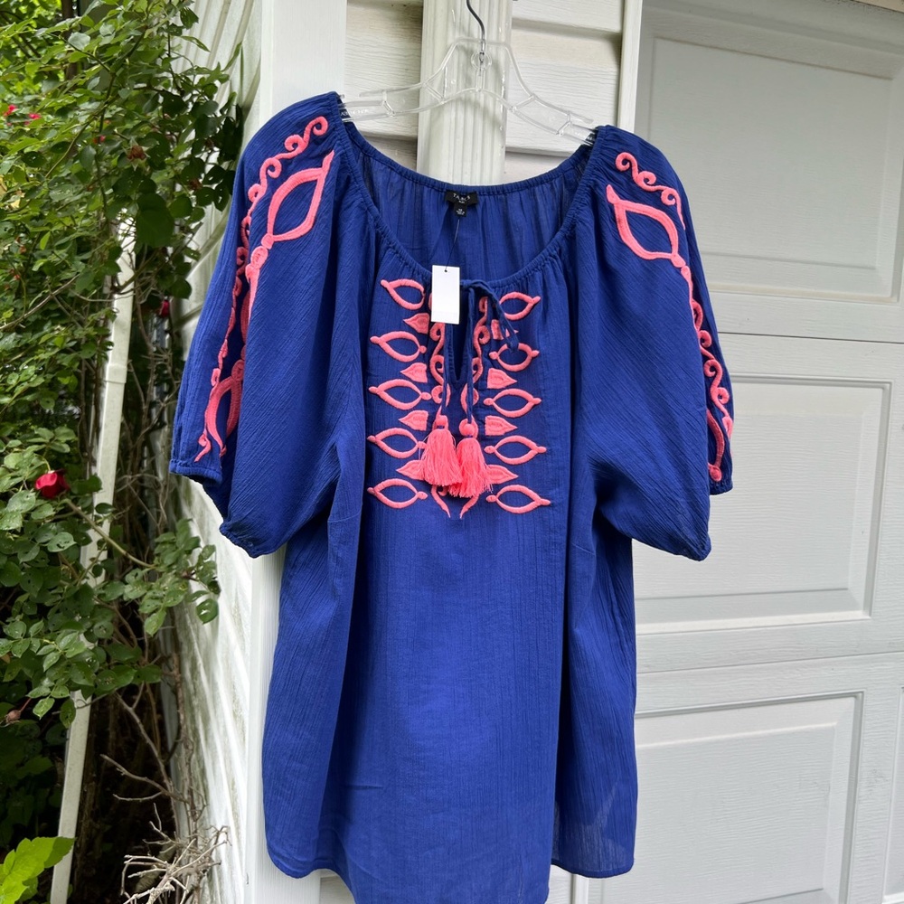 NWT Pretty Royal Blue Pink Embroidered Peasant Style Cotton Blouse